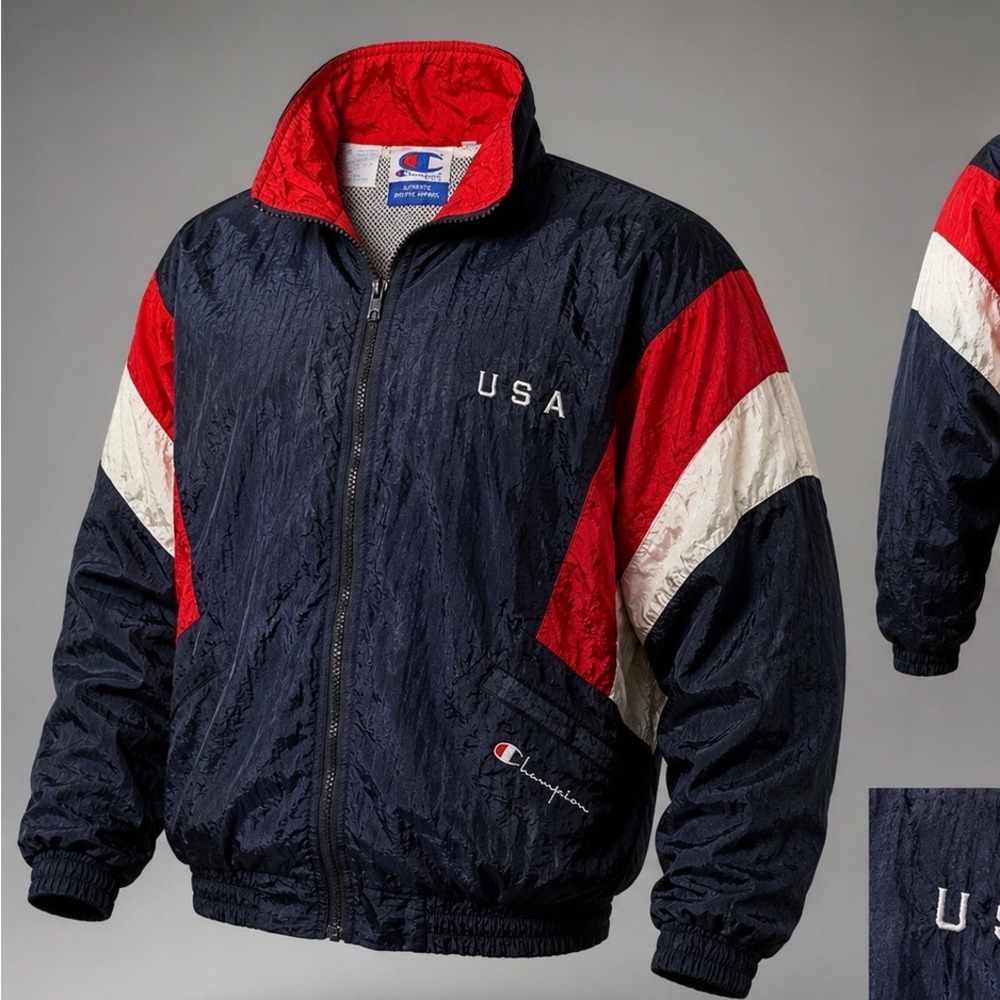 Vtg Champion USA Windbreaker Jacket Mens XL Navy Red White Nylon Colorblock Zip